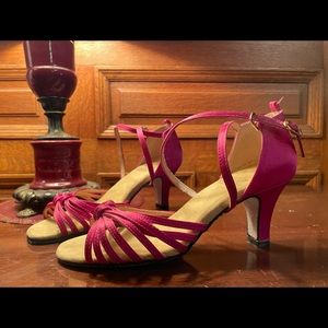 Pink Ballroom Dance Sandal, Tan Leather, Buckle Strap Easy On and Off